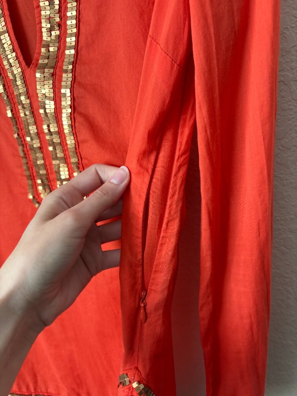 Tory Burch Gold Sequins V-Neck Orange Longline Caftan Tunic - Picture 11 of 13